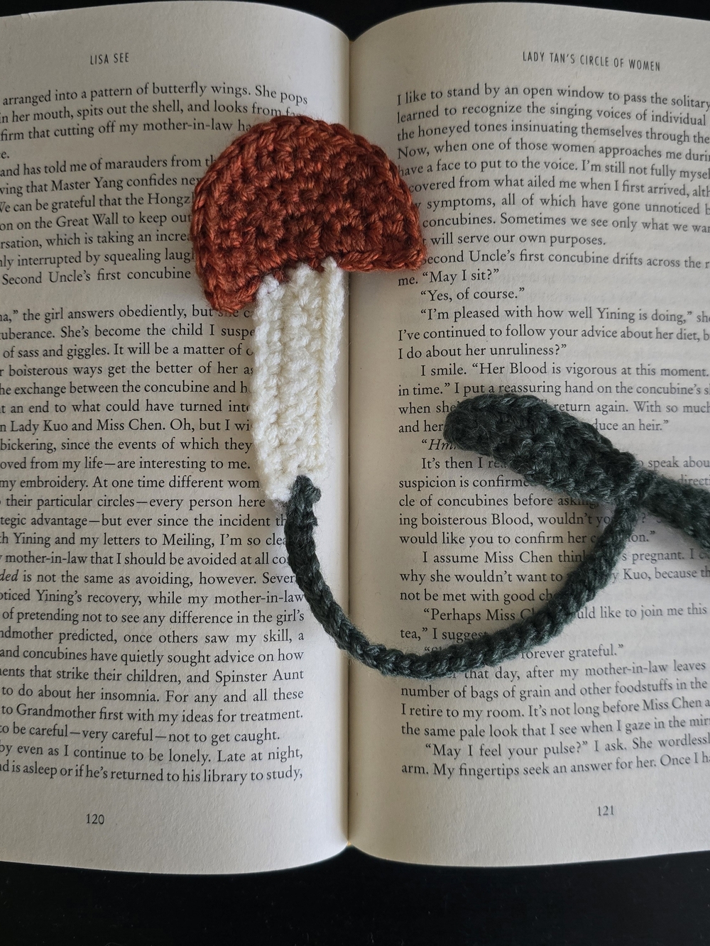 Handmade Crochet Mushroom Bookmark — Rust Cap, Cream Stem, Green Cord - Picture 3 of 4